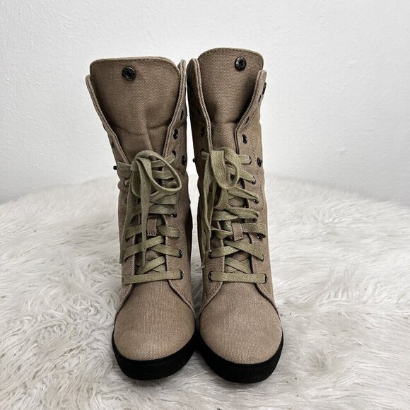 Aldo Beige Green Lace Up Heeled Ankle Boots Canvas Foldover Size 39 EU 8.5 US - Picture 3 of 12